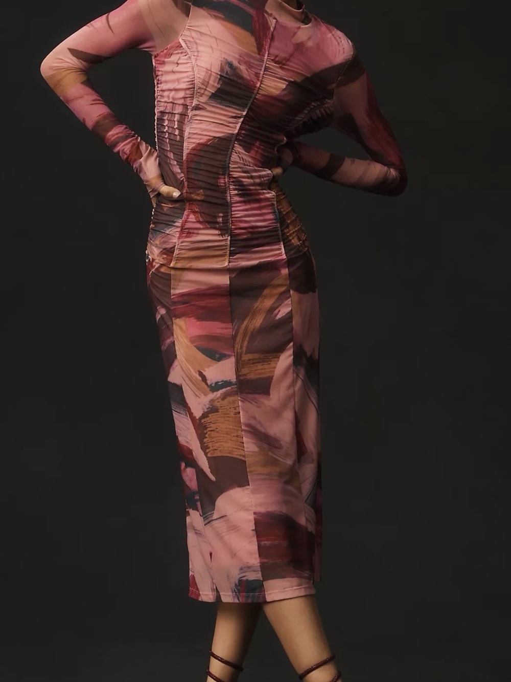 Anthropologie Pink Multi Brushstroke Ruched Long Sleeve Midi Dress